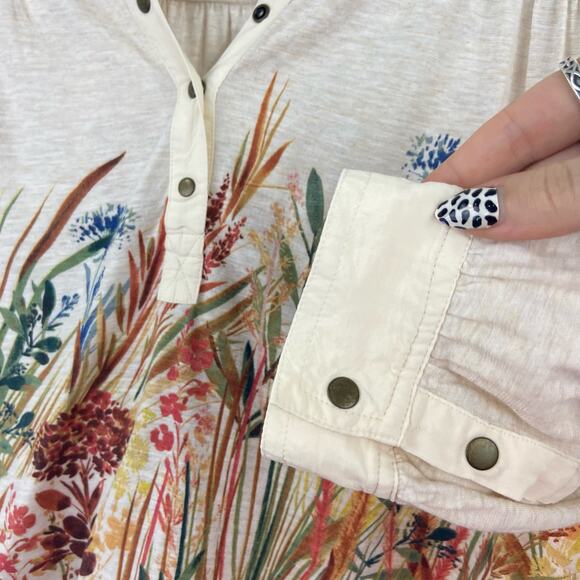 Anthropologie Postmark Boho Floral Henley Blouse XS Cream Floral 3/4 Sleeve - Picture 5 of 8